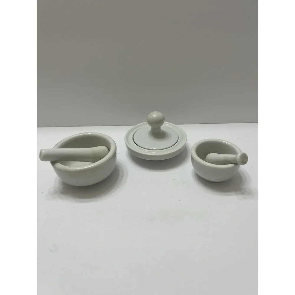 Mortar And Pedestal Set White Porcelain Set Of 3 For Crushing Spices Or Pills